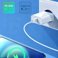 Mandotos International 40W PD fast charger with USB-C port for iPhone 11-16 Pro Max and iPad Air, supports quick charging technology.
