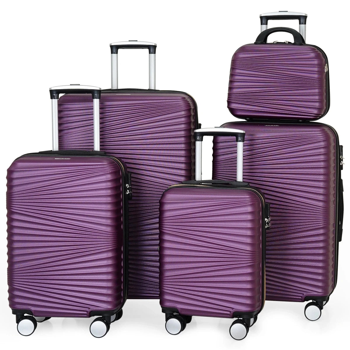 Mandotos International 5-piece family travel luggage set with vanity case, featuring elegant design, portable handles, and impact-resistant material.