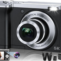 Mandotos International 56MP dual lens 5K autofocus camera with 10x zoom, showcasing the sleek camera body and lens details.