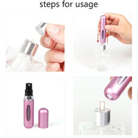 Small aluminum travel perfume atomizer with 5ml capacity from MANDOTOS INTERNATIONAL, compact and portable for on-the-go use.