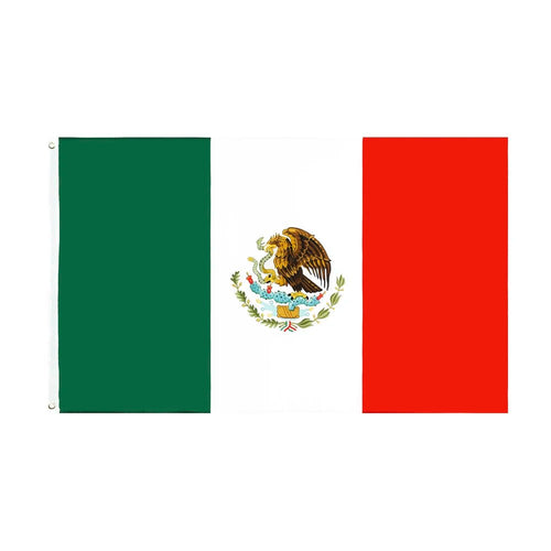 Mexico flag banner tapestry measuring 60x90cm and 90x150cm, featuring vibrant colors and the national flag design by MANDOTOS INTERNATIONAL.