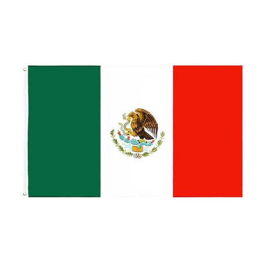 Mexico flag banner tapestry measuring 60x90cm and 90x150cm, featuring vibrant colors and the national flag design by MANDOTOS INTERNATIONAL.