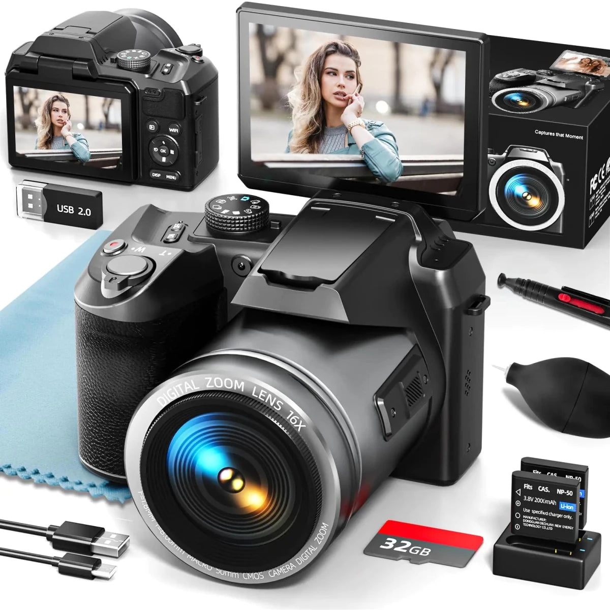 Mandotos International 64MP 5K VlogPro camera with 3-inch flip screen and 16x zoom, detailed view of the professional video camera