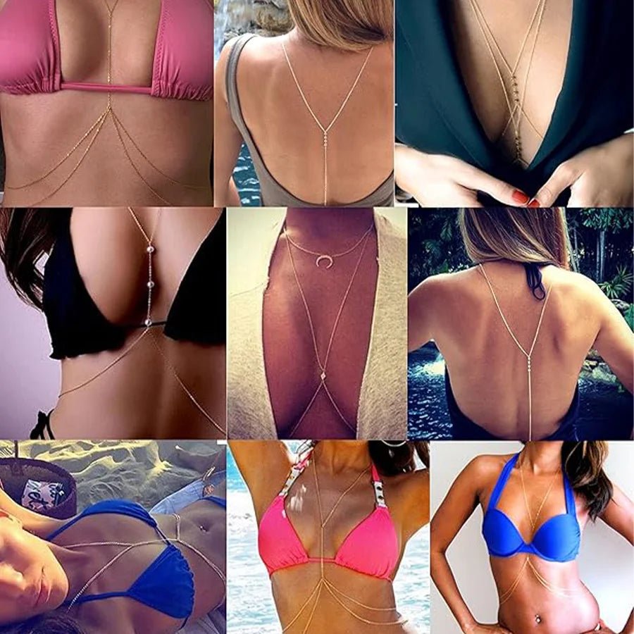 Gold-tone 8-piece body chain set for women, includes belly and waist chains, perfect for beach bikinis and summer beach jewelry.