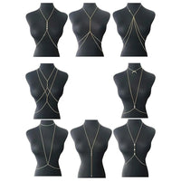 Set of 8 gold-tone body chain jewelry for women, includes belly and waist chains, perfect for summer beach bikinis and bikinis.