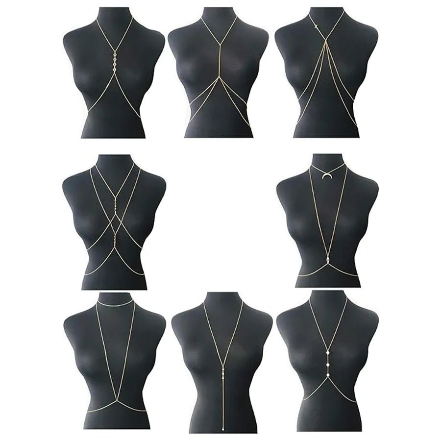 Set of 8 gold-tone body chains for women, including belly and waist chains, perfect for summer beach bikinis and body jewelry.