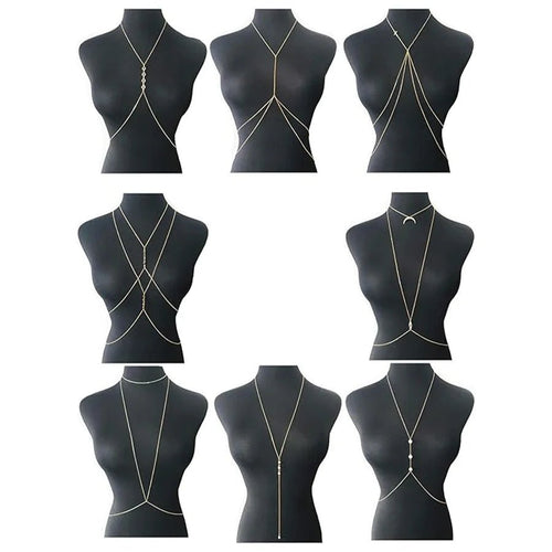 Set of 8 gold-tone body chains for women, including belly and waist chains, perfect for summer beach bikinis and body jewelry.