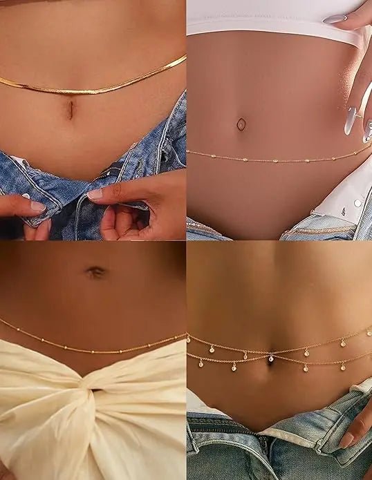 8-piece gold-plated waist chain set with beaded, sequin, and CZ coin designs, adjustable belly belt jewelry from MANDOTOS INTERNATIONAL.