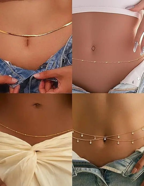 8-piece gold-plated waist chain set with beaded, sequin, and CZ coin designs, adjustable belly belt jewelry from MANDOTOS INTERNATIONAL.