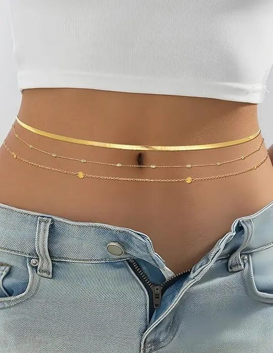Gold-plated 8-piece waist chain set with beaded, sequin, CZ coin details, adjustable bikini belly belt jewelry by MANDOTOS INTERNATIONAL.