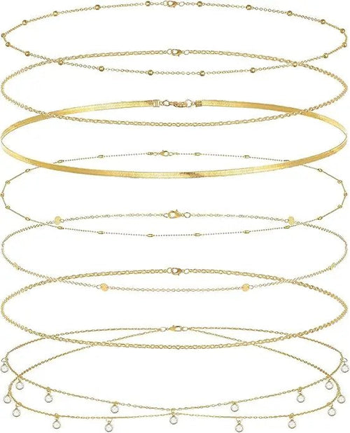 8-piece gold-plated waist chain set with beaded, sequin, and CZ coin designs, adjustable belly belt jewelry by MANDOTOS INTERNATIONAL.