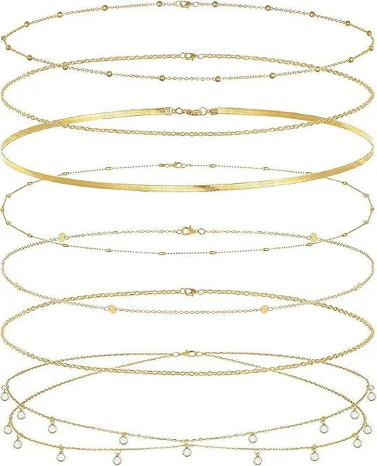 8-piece gold-plated waist chain set with beaded, sequin, and CZ coin designs, adjustable belly belt jewelry by MANDOTOS INTERNATIONAL.