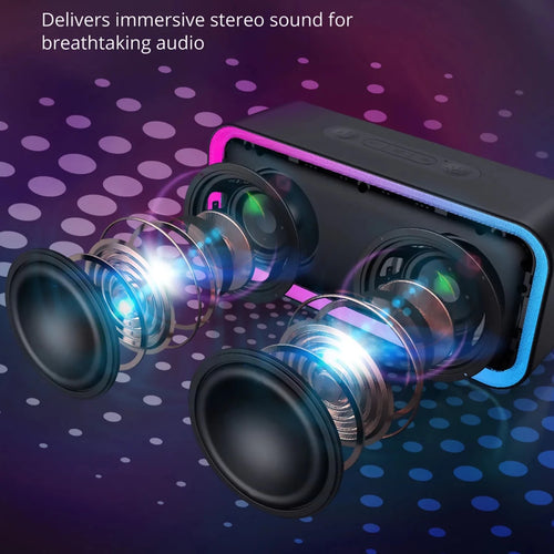 Mandotos International ACOME A6 waterproof Bluetooth speaker with 10W RGB lights, TWS V5.0, and bass audio.