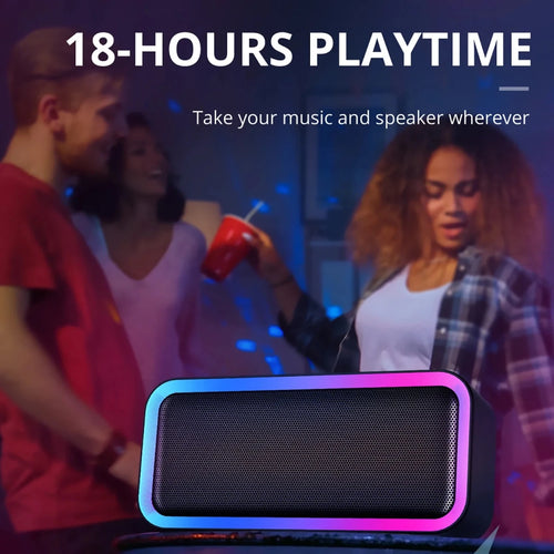 Mandotos International ACOME A6 waterproof Bluetooth speaker with 10W RGB lighting, TWS V5.0, and bass sound.
