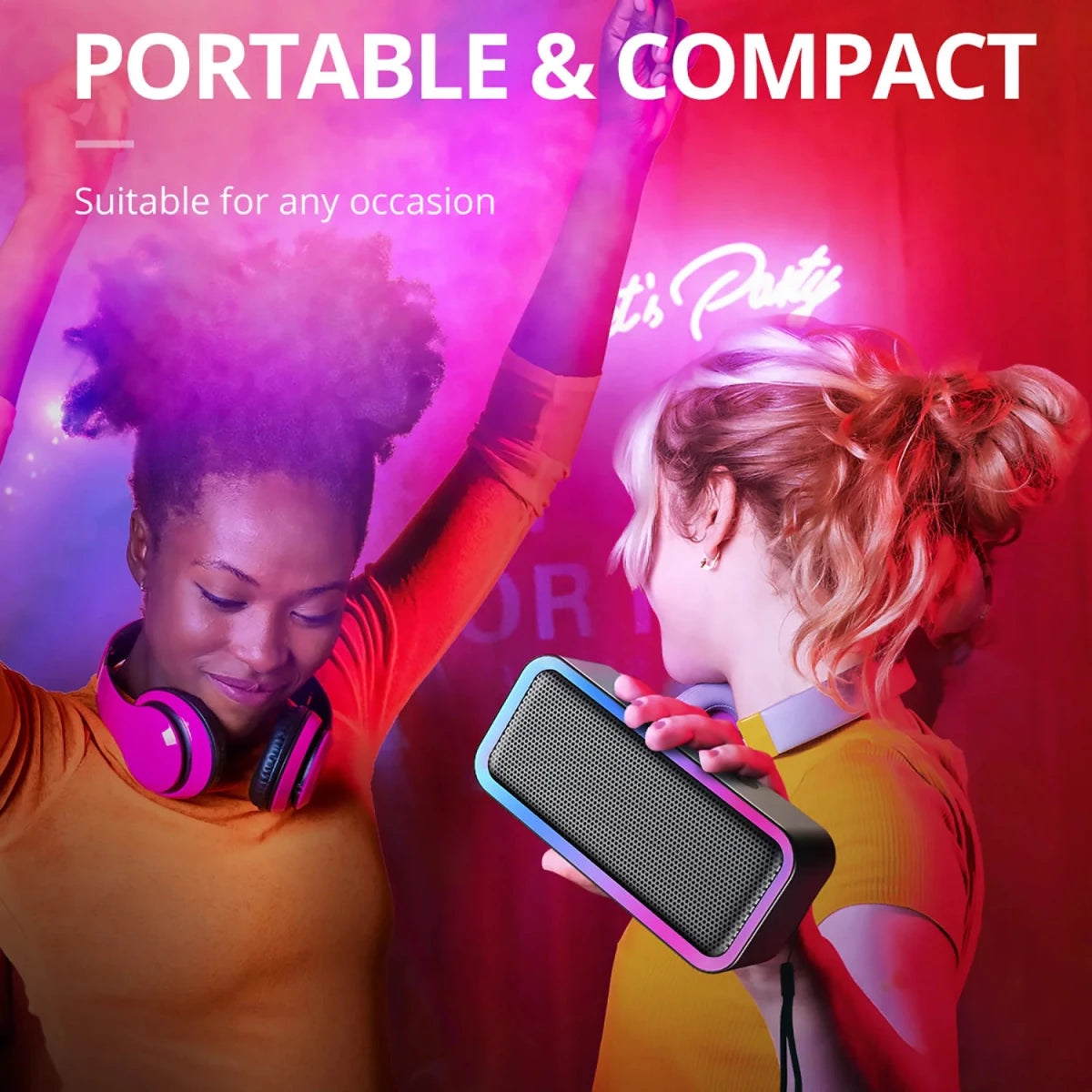 Mandotos International ACOME A6 waterproof Bluetooth speaker with 10W RGB lighting, TWS V5.0, and bass enhancement.