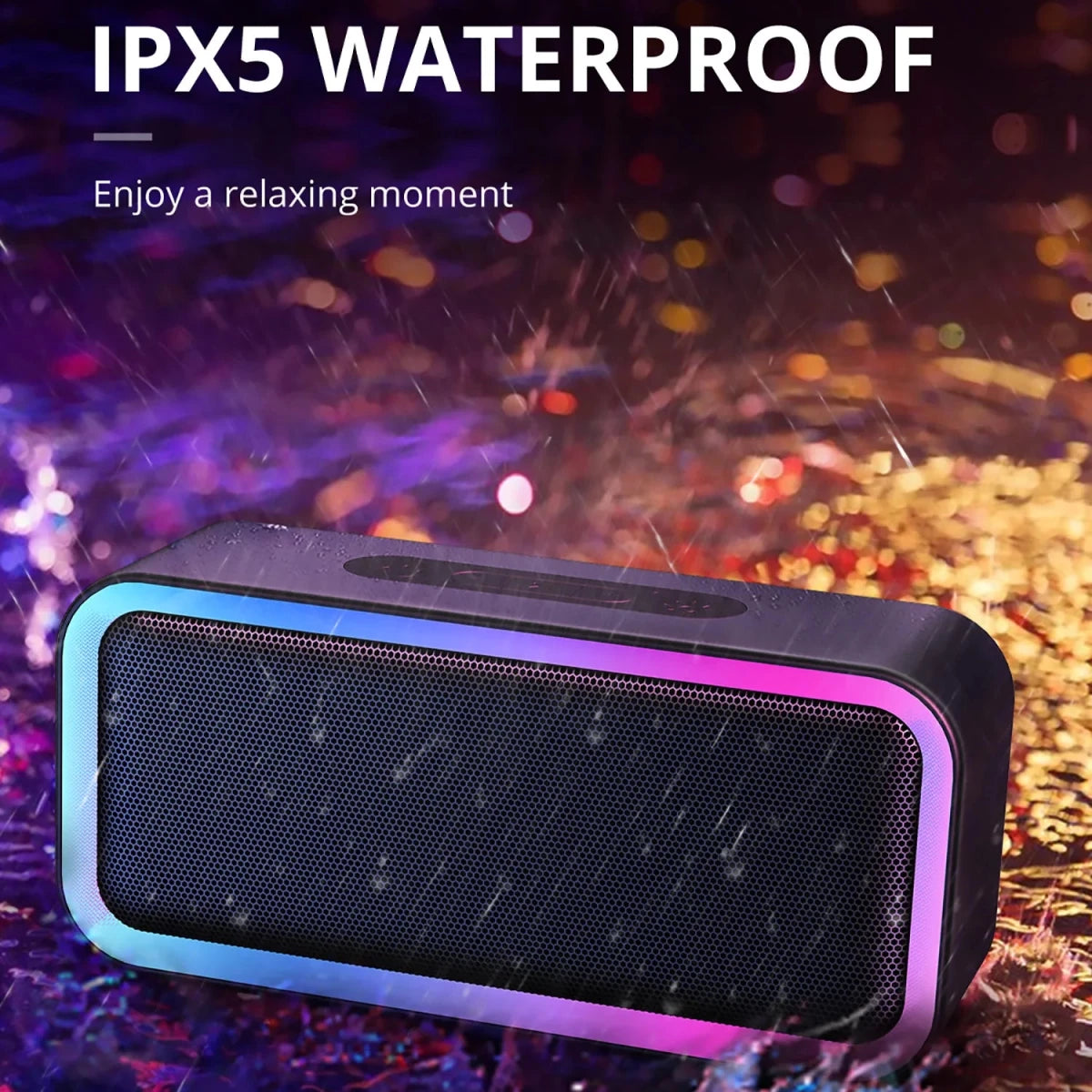 Mandotos International ACOME A6 waterproof Bluetooth speaker with 10W RGB lighting, TWS V5.0, and bass speakers.