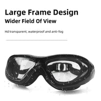 Clear frame adult swim goggles with no-leak lenses for women, designed for sports swimming and water activities.