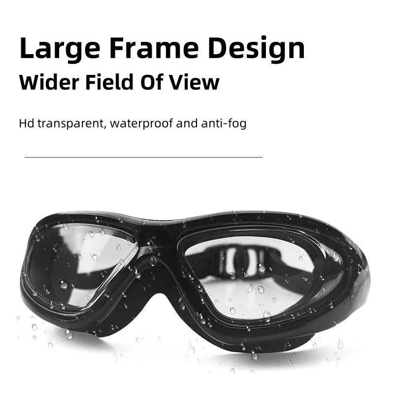 Clear frame adult swim goggles with no-leak lenses for women, designed for sports swimming and water activities.