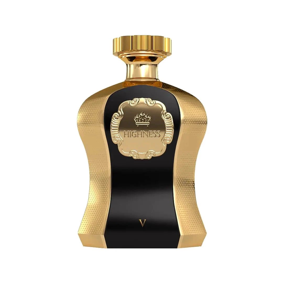 A bottle of Afnan Highness Black EDP for Her by MANDOTOS INTERNATIONAL, 3.4 oz, with sleek black perfume bottle and elegant design.