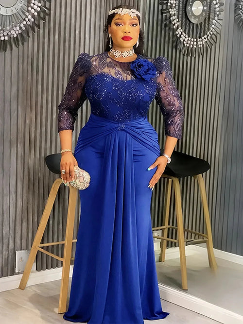 African dresses for women, plus size sequin evening long dress with dashiki and Ankara patterns, by MANDOTOS INTERNATIONAL.