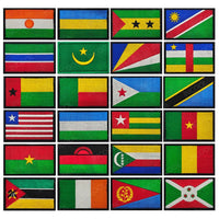 Embroidery patches featuring African flags of Morocco, Nigeria, Gabon, Libya, and Namibia by MANDOTOS INTERNATIONAL.