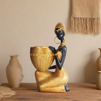 African girl holding a plate sculpture, vintage decorative storage ornament for home or office, crafted by MANDOTOS INTERNATIONAL.