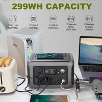 AllPowers R600 portable power station with 299Wh LiFeP04 battery and dual 600W AC outlets, ideal for portable energy needs.