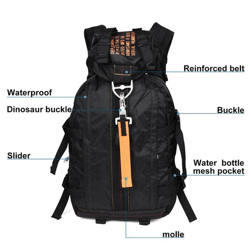 Mandotos International nylon tactical backpack, outdoor deployment bag with durable design for travel, hiking, and sports use.