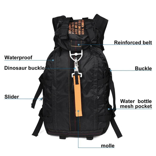 Mandotos International nylon tactical backpack, outdoor deployment bag with durable design for travel, hiking, and sports use.