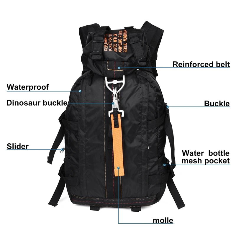 Mandotos International nylon tactical backpack, outdoor deployment bag with durable design for travel, hiking, and sports use.