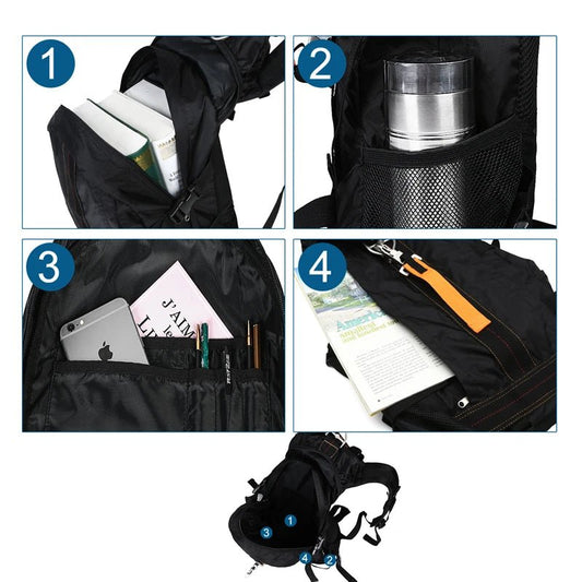 Mandotos International American Warehouse nylon tactical backpack with multiple compartments, durable for outdoor travel and hiking.
