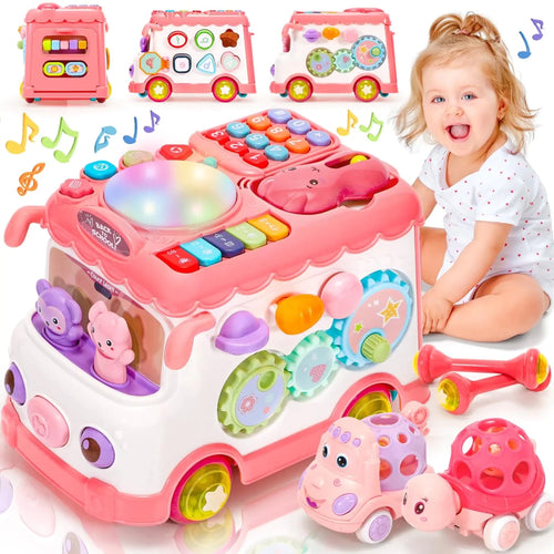 Mandotos International AmiDear multifunctional musical toy bus for girls aged 1-2, colorful and interactive for early play.