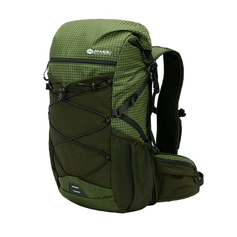 Large nylon backpack by Mandotos International ideal for mountain camping, travel, and hiking with spacious capacity and durable design.