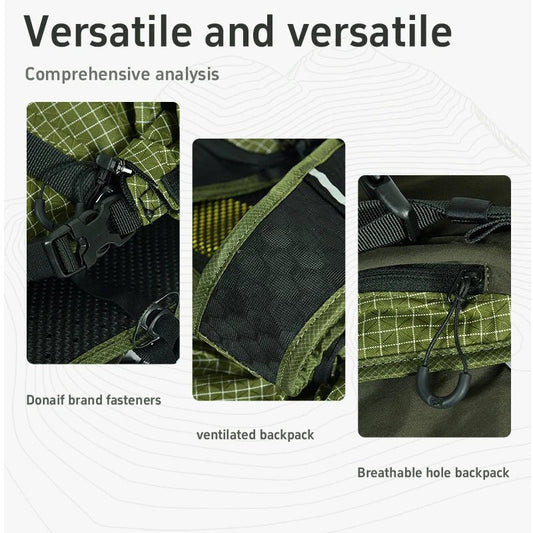 Mandotos International ANMEILU large capacity nylon backpack for mountain camping, hiking, and travel with multiple compartments.