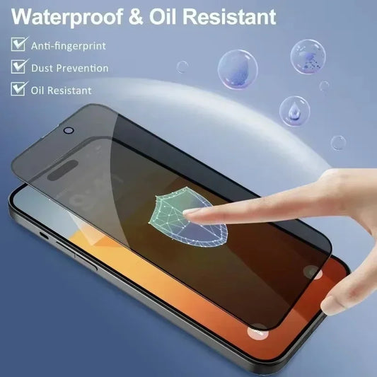 Mandotos International anti-spy glass privacy screen protector for iPhone 11 to 17 models, safeguarding screen visibility from side angles.