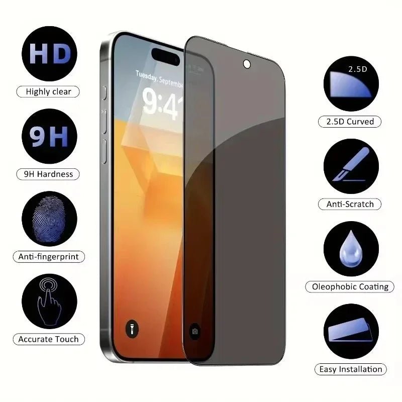 Mandotos International anti-spy glass privacy screen protector on iPhone models 11 to 17, preventing side-view display visibility.