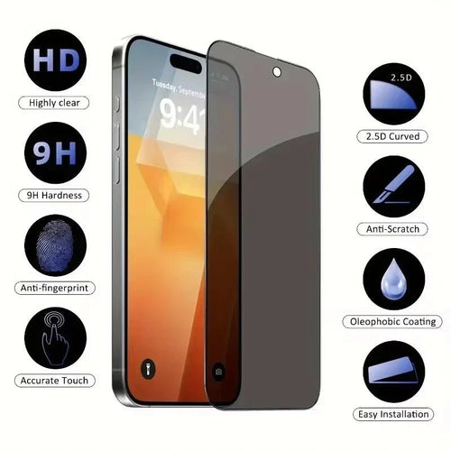 Mandotos International anti-spy glass privacy screen protector on iPhone models 11 to 17, preventing side-view display visibility.