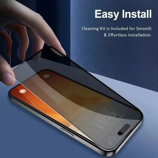 Mandotos International anti-spy glass privacy screen protector on iPhone models 11-17, showing the screen with privacy tint in use.