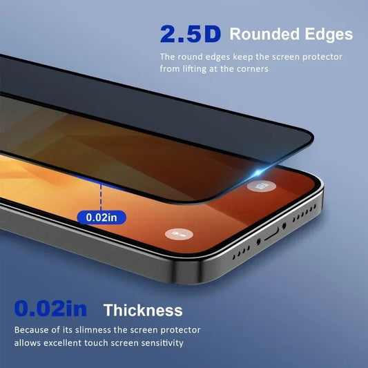 Mandotos Anti-Spy Glass Privacy Screen Protector for iPhone 11-17, showing a close-up of the matte finish and secure fit on the device.