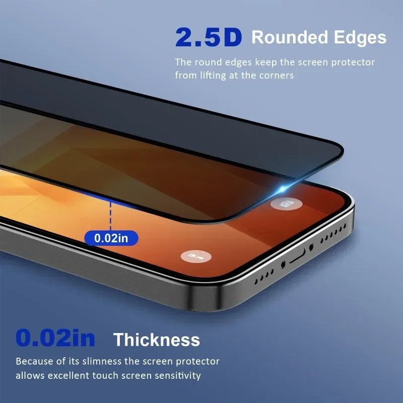 Mandotos Anti-Spy Glass Privacy Screen Protector for iPhone 11-17, showing a close-up of the matte finish and secure fit on the device.