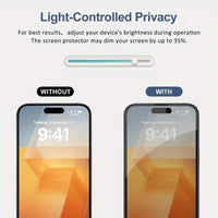Mandotos International anti-spy glass privacy screen protector on iPhone models 11 to 17, showing screen protection and privacy feature.