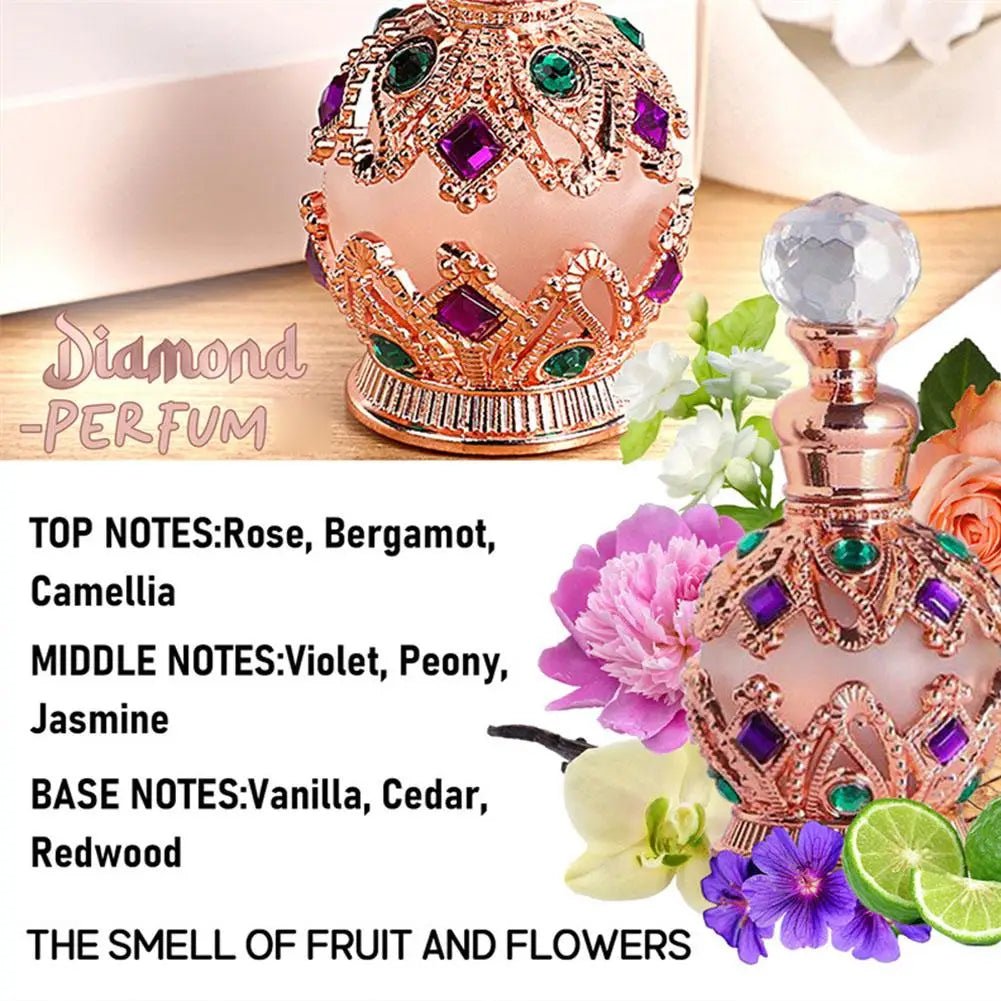 Elegant bottle of MANDOTOS INTERNATIONAL Arabian Rose & Jasmine Pheromone Perfume for Women, featuring a floral scent with rose and jasmine notes.