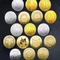 Mandotos International crypto coin collection featuring Bitcoin, Ethereum, Dogecoin, and more in a plastic case.