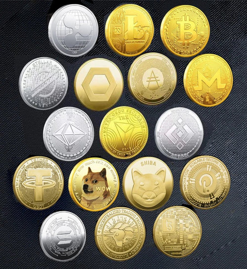 Mandotos International crypto coin collection featuring Bitcoin, Ethereum, Dogecoin, and more in a plastic case.