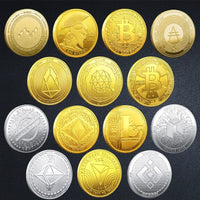 Mandotos International Bitcoin BTC ETH ADA XLM SHIB DOGE XRP SOL DOT LINK LTC UNI metal crypto coin collection in plastic case