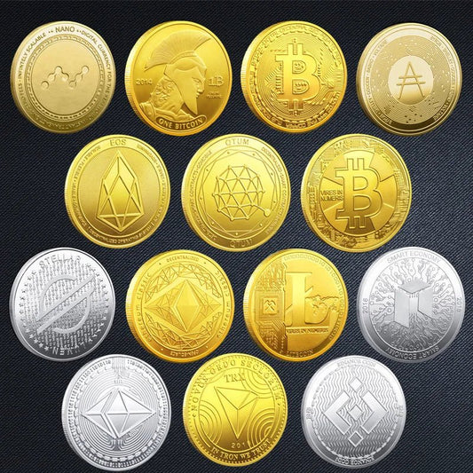 Mandotos International Bitcoin BTC ETH ADA XLM SHIB DOGE XRP SOL DOT LINK LTC UNI metal crypto coin collection in plastic case