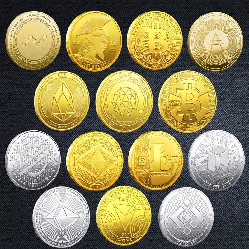 Mandotos International Bitcoin BTC ETH ADA XLM SHIB DOGE XRP SOL DOT LINK LTC UNI metal crypto coin collection in plastic case