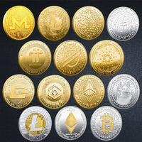 Mandotos International metal crypto currency coin collection featuring Bitcoin, Ethereum, Cardano, Ripple, and more in a plastic case.