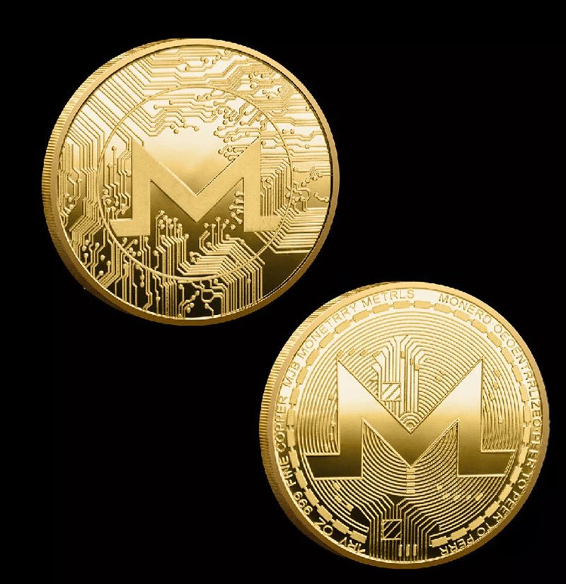 Physical metal crypto currency coin collection featuring Bitcoin, Ethereum, ADA, XRP, and more in a plastic case by MANDOTOS INTERNATIONAL.