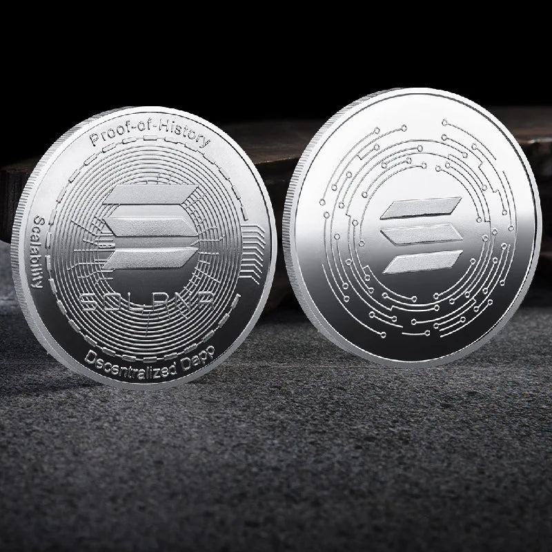 Mandotos International crypto coin collection featuring Bitcoin, Ethereum, Dogecoin, and more in a plastic case, made of metal.